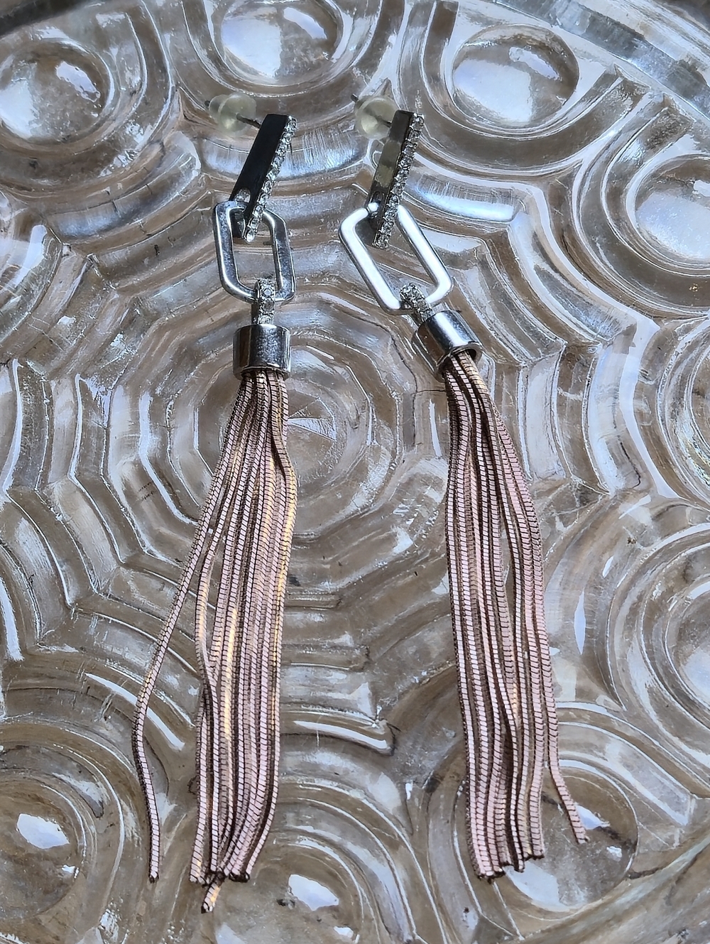 3/$20 Silver/Rose Gold Boho Metal Tassel Drop Earrings with Rhinestone Detail